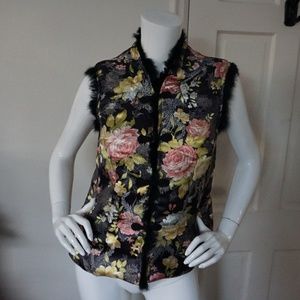 NEW Black Rabbit Fur Trim Floral Vest